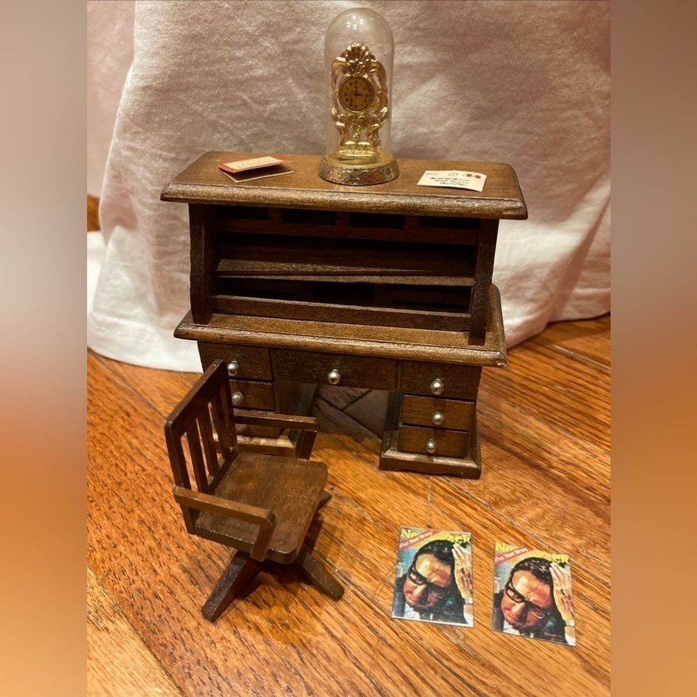 Roll Top Desk Wooden Working Drawers Vintage Dollhouse Miniature Furniture